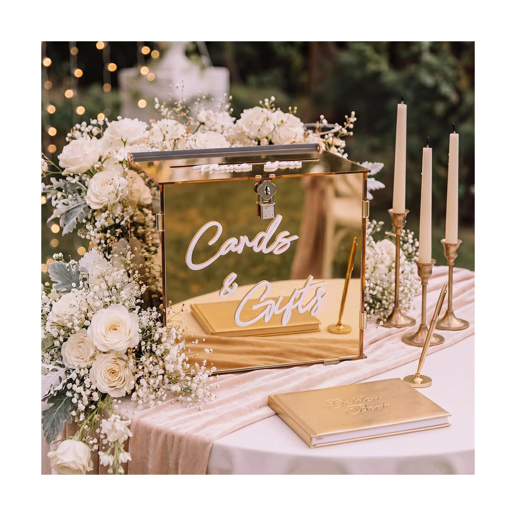 BreezeHug 10" Gold Acrylic Wedding Card Box with Lock & 3D Letters