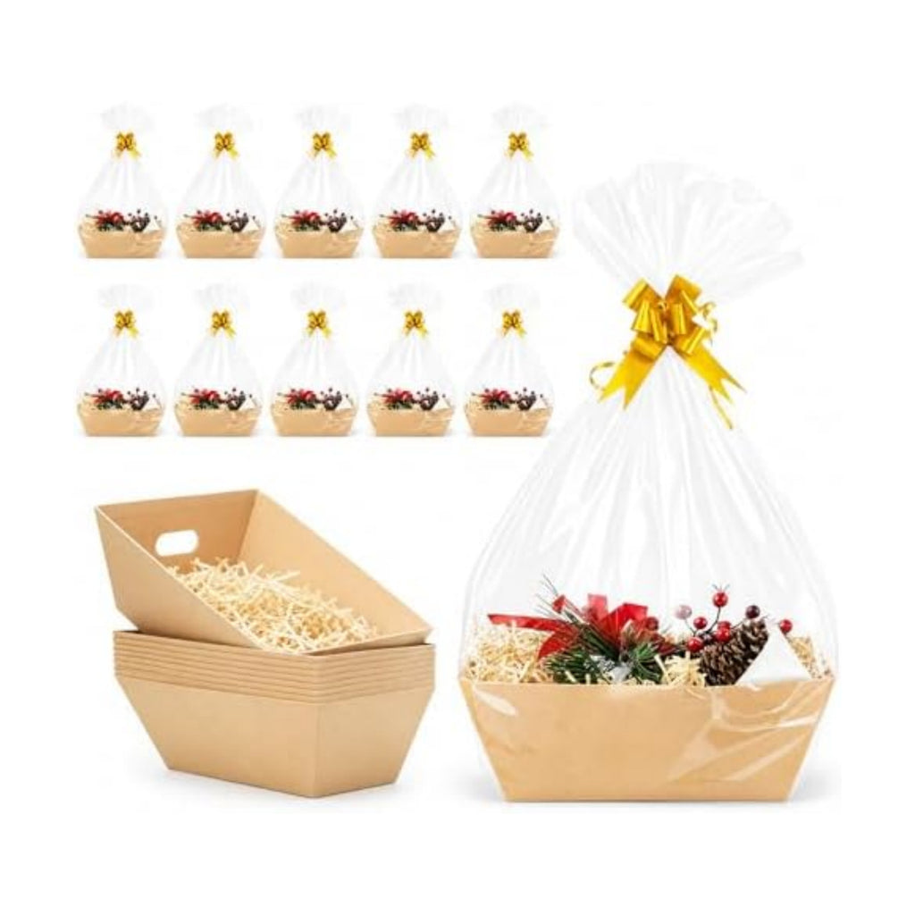 Bantna 10 PCS Empty Gift Basket Kit with 500g Crinkle Paper Filler, Gold Bows & Clear Plastic Bags, Sturdy, Easy to Assemble, Ideal for Holiday, Birthday, Wedding & All Gifting Occasions
