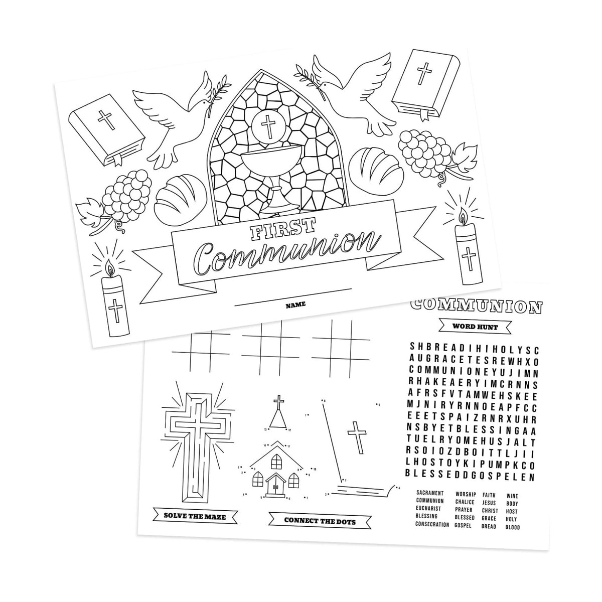 First Holy Communion Coloring Activity Placemats / 12 Religious Drawing Activity Sheets / 17" x 11" Kids Double Sided Christian Disposable Coloring Paper / 1st Communion Party Kids Table Supplies