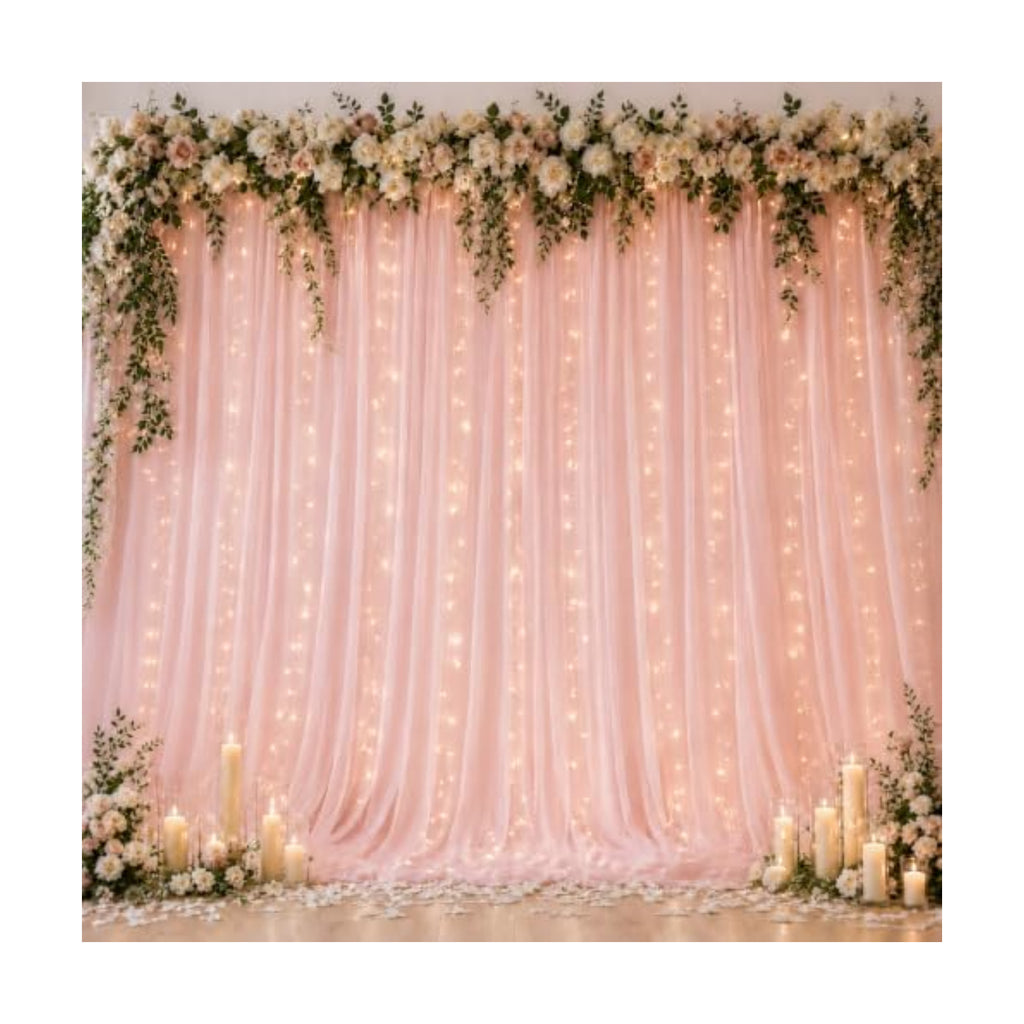 Ledido 10×10ft Pink Tulle Backdrop Curtain with Light(2 Panels 5×10ft)
