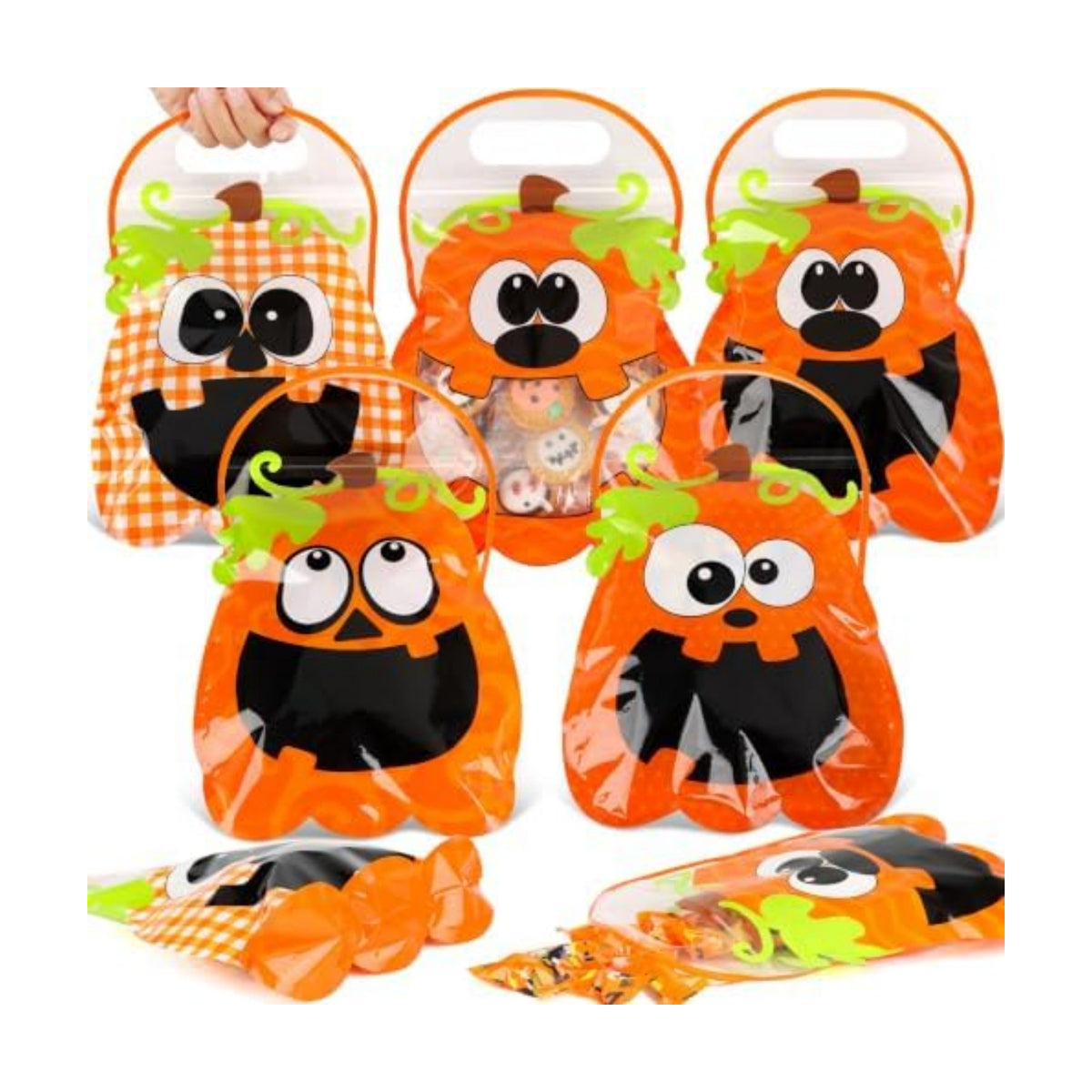 HOIIOH 60 Pack Halloween Pumpkin Treat Bags with Handles & Zipper