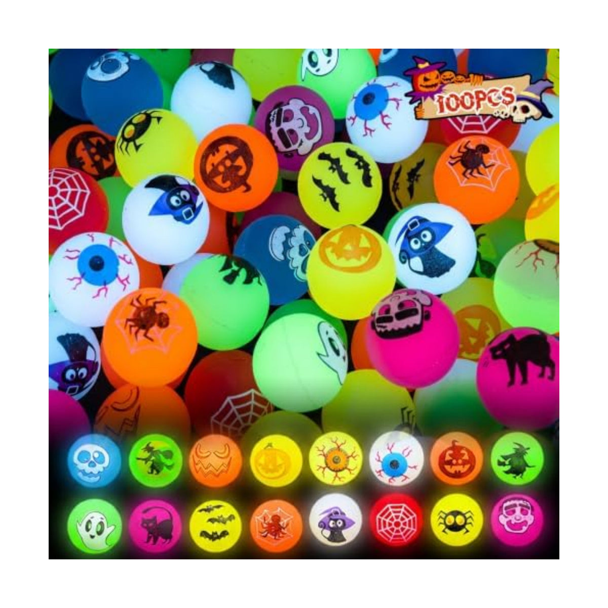 Tiaxidex 100PCS Halloween Party Favors, Bouncy Balls, Glow In The Dark Toys