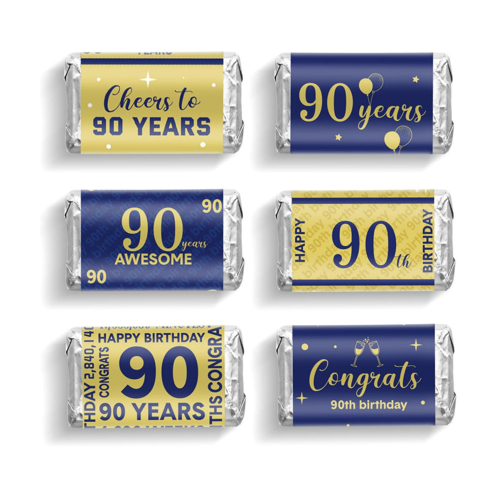 Tenare 90 Pcs 90th Birthday Candy Wrappers, Blue and Gold Stickers