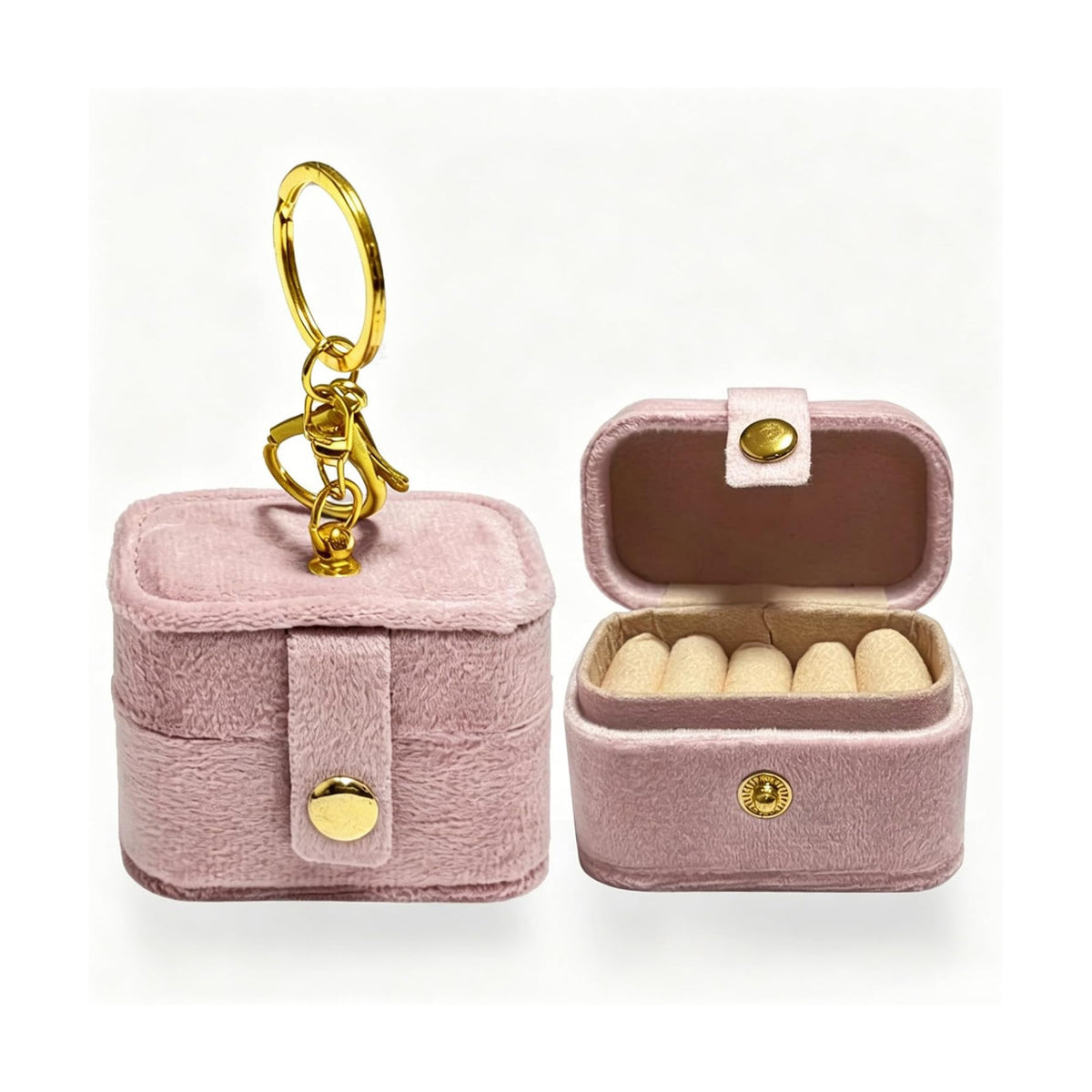 Mini Velvet Ring Box with Keychain Clip, Travel Jewelry Organizer Ring Earrings Storage Box for Proposal Engagement Wedding Ceremony Party, Pet Ring Bearer Accessory, Pink