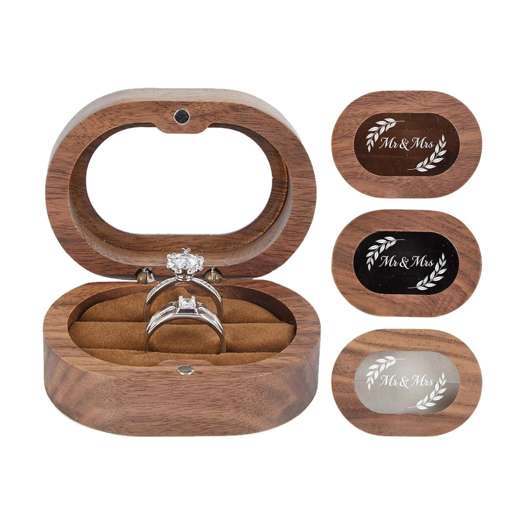 Roycraft Mr & Mrs Wedding Ring Box Oval Transparent Lid Wooden Ring Box with 2 Slots for Engagement Wedding Anniversary (Brown Inner)