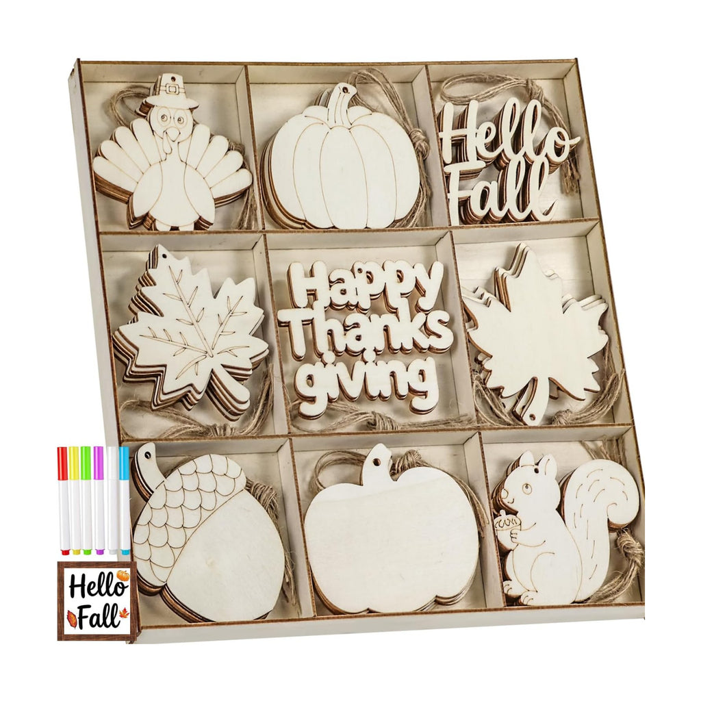 WOHOHOHO 42PCS 9 Styles Fall Unfinished Paintable Blank Wooden with Tray