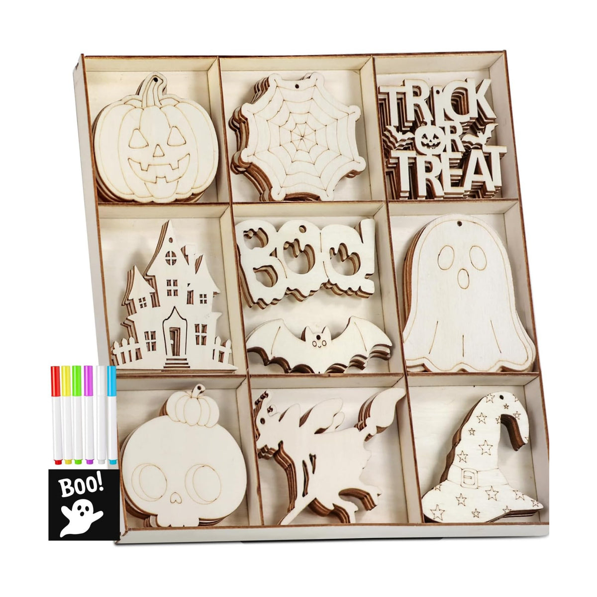WOHOHOHO 45PCS 10 Designs Halloween Unfinished Paintable Blank with Tray
