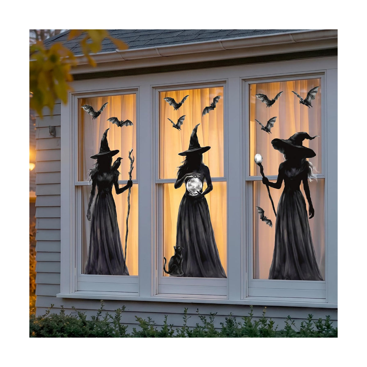 Halloween Decorations Window Clings, 3 Large Witch Window Decals Double Sided Window Clings, Spooky Witch Black Cat Bats Gothic Decor for Glass Windows, Holiday Party Home Indoor Decoration, 3 Sheets