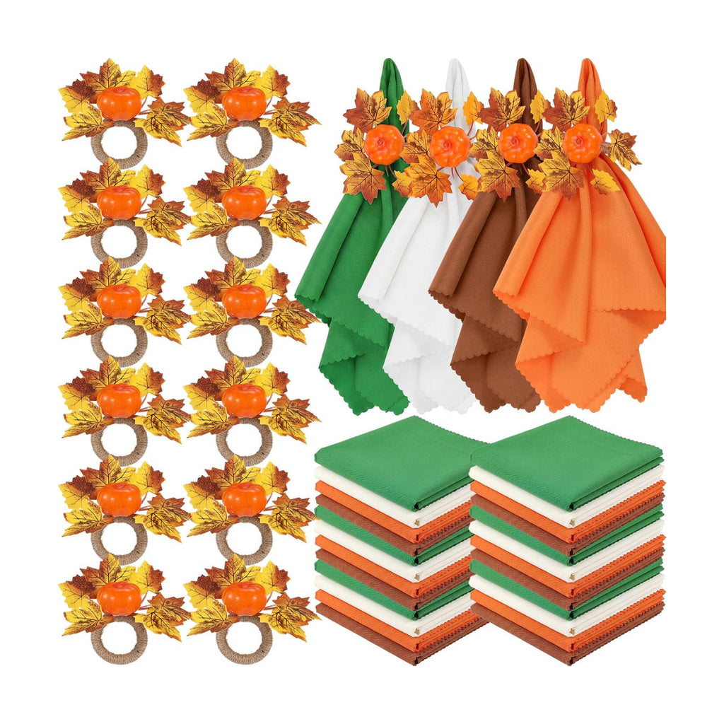 LemonRoad 36 Pcs Cloth Napkins and Napkin Ring Holders, Reusable Fabric for Table Decor Banquet Holiday Dinner Party Supply(Orange,Coffee, White, Green,Fall)