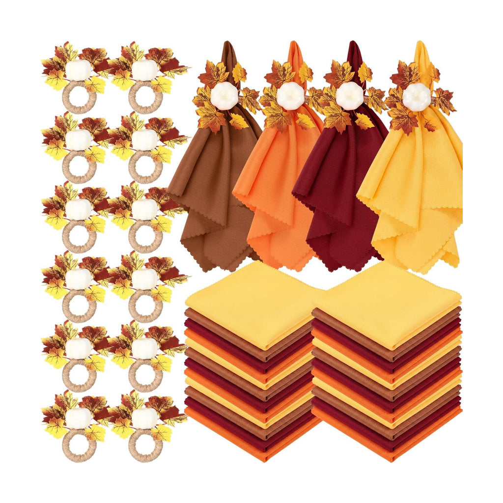 LemonRoad 36 Pcs Cloth Napkins and Napkin Ring Holders, Reusable Fabric for Table Decor Banquet Holiday Dinner Party Supply (Orange, Burgundy, Gold, Coffee, White,Fall)