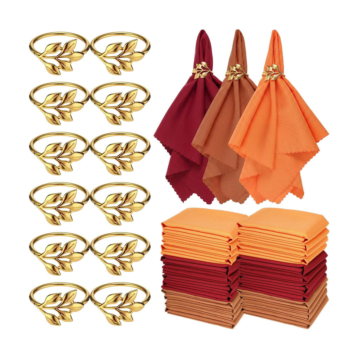 LemonRoad 36 Pcs Cloth Napkins and Napkin Ring Holders, Reusable Fabric for Table Decor Banquet Holiday Dinner Party Supply(Orange, Burgundy, Coffee，Gold,Fall)