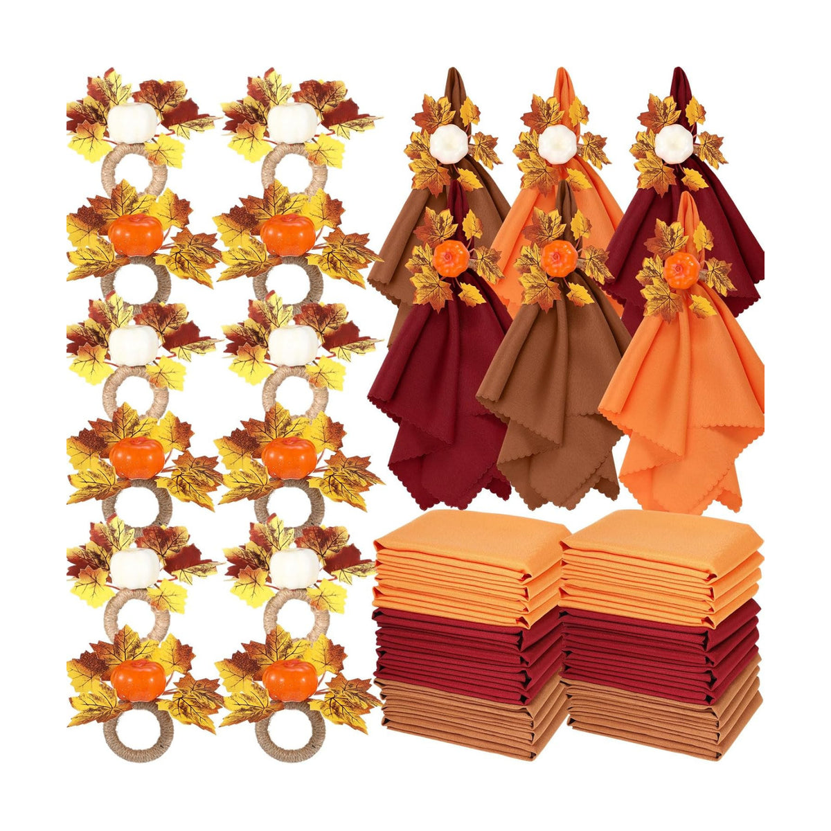 LemonRoad 36 Pcs Cloth Napkins and Napkin Ring Holders, Reusable Fabric for Table Decor Banquet Holiday Dinner Party Supply(Orange,White, Burgundy, Coffee,Fall)