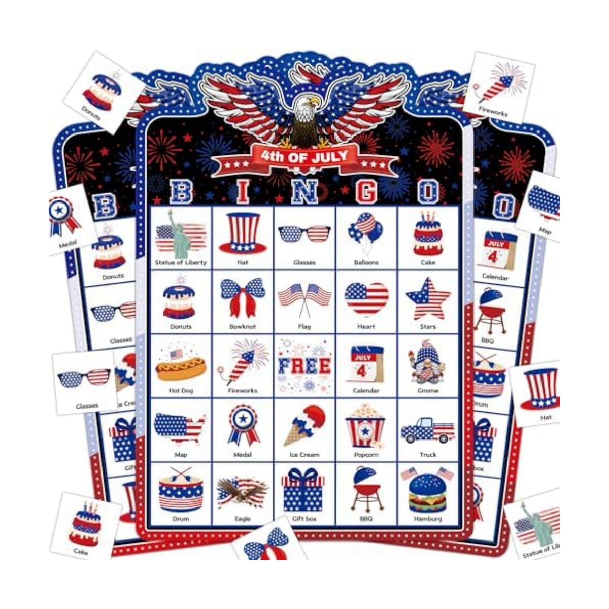 Joy Bang 4th of July Games for Kids Adults, Bingo Card Game for 24 Player Fourth of July Independence Day Patriotic Crafts Activities Games for Family Large Group Party Favors Supplies Gifts for Kids