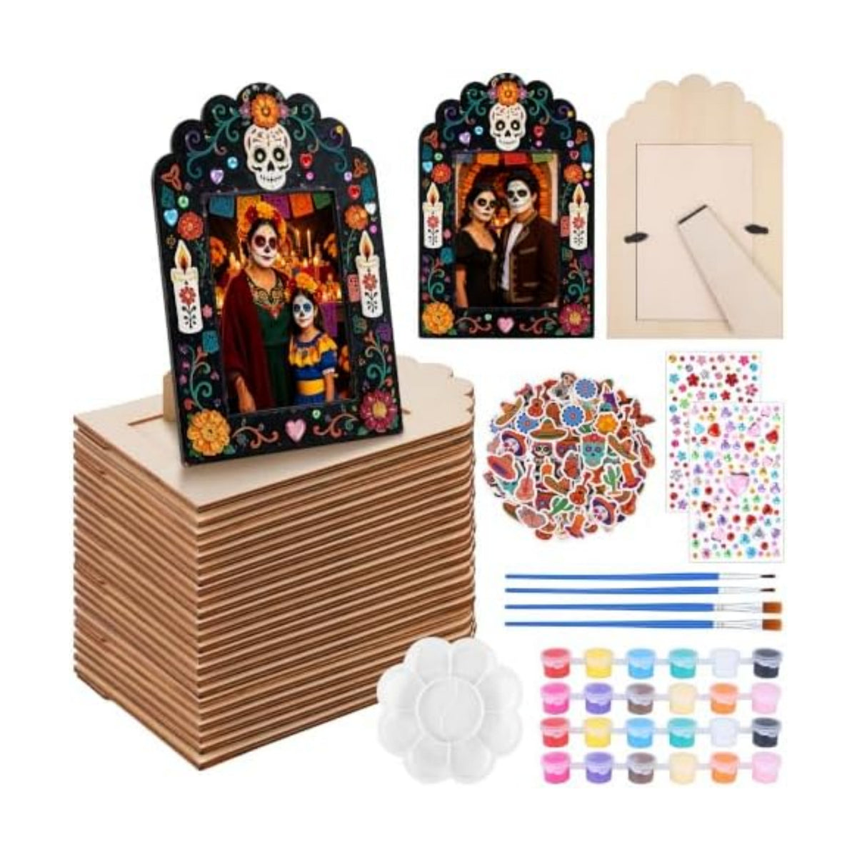 Fovths 24 Packs Dia De Los Muertos Picture Frame Painting Craft Kit with Stickers Wooden Day of the Dead Altar Decorations Remembrance Supplies Sugar Skull Marigold Ofrenda Decorations
