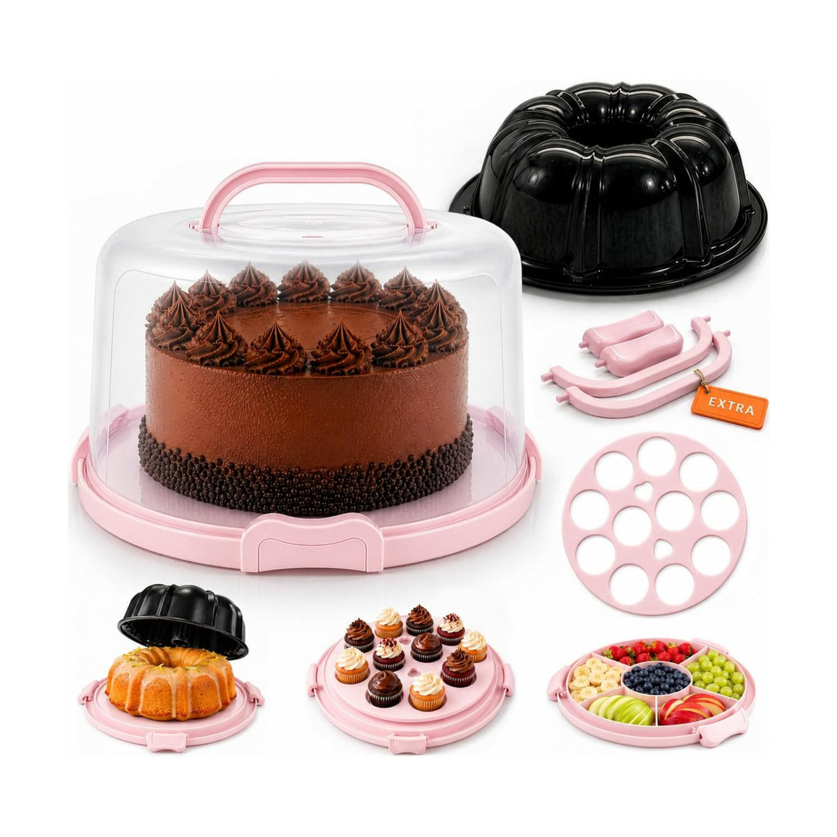 10in Buntz Cake Pan Non Stick & 12in Cake Carrier with Lid-Handle, Pink