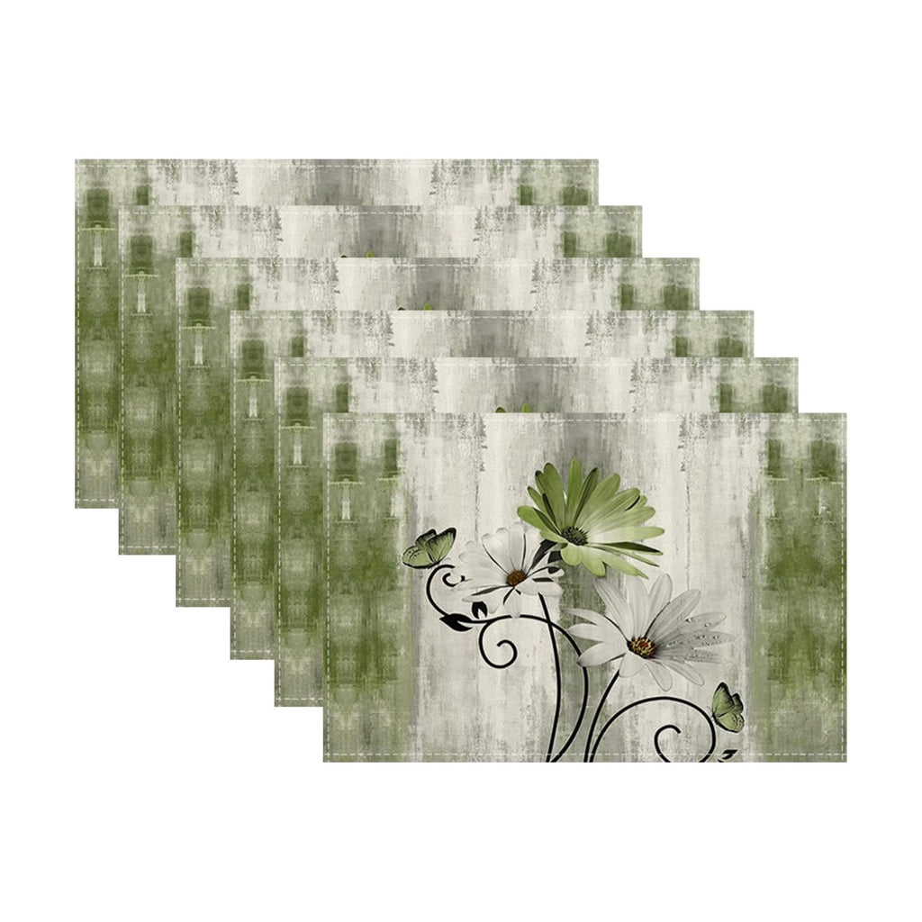 Floral Place mats Set of 6,12x18 Inches Rustic Sage Green Daisy Flower Decorative Placemats Rectangle Summer Green Floral Linen Table Mats for Party Home Kitchen,Dining Table Decoration
