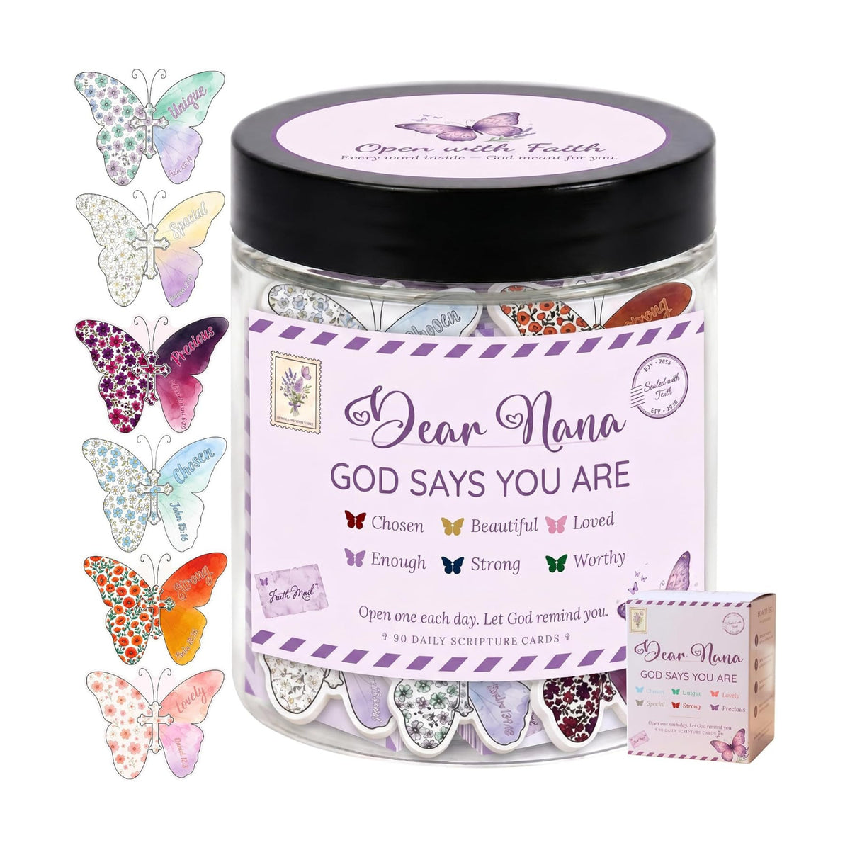 Dear Nana Gifts – 90 Daily Scripture Cards in a Jar – God Says You Are Christian Gifts for Grandma – Bible Verse Affirmation Cards – Religious Faith Gift for Nana Birthday, Mother's Day, Christmas