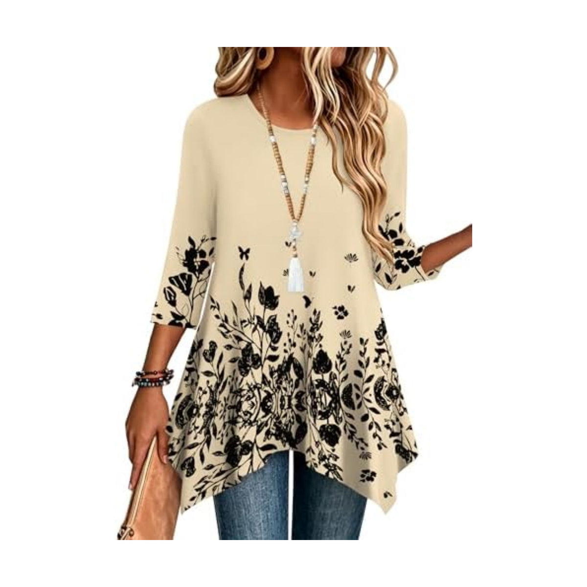Zeagoo Womens Tops 3/4 Sleeve Loose Fit Dressy Tunics Plus Size Boho Shirts