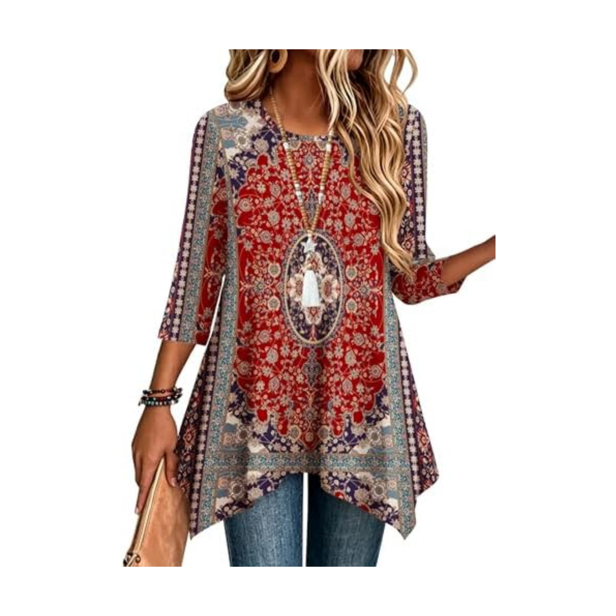 Zeagoo Womens Tops 3/4 Sleeve Loose Fit Dressy Tunics Plus Size Boho Shirts