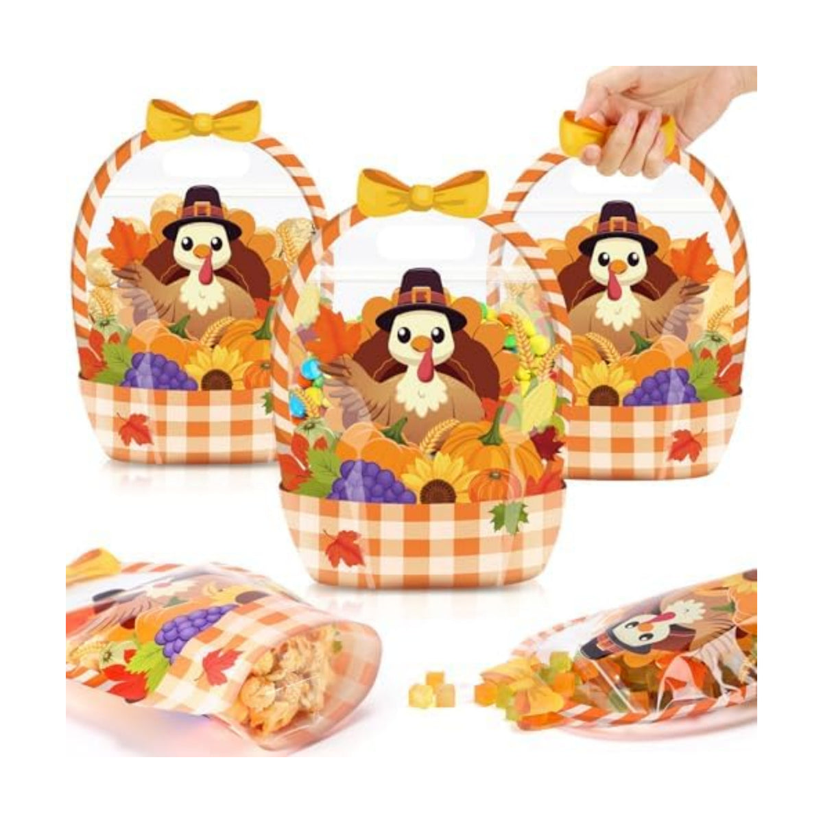 Fuutreo 12 Pcs Fall Treat Bags, Turkey Goodie Bags with Handles, Plastic