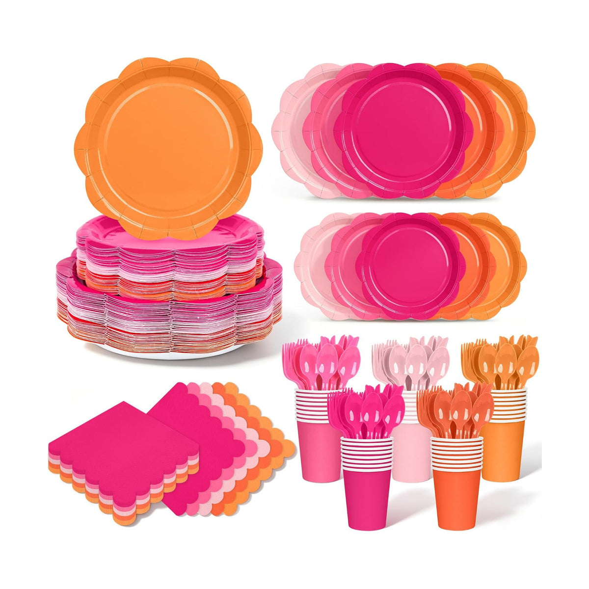 350 Pcs Pink and Orange Party Plates and Napkins - Hot Pink Orange Party Decoration Tableware set Include Sunset Tropical Scalloped Plate Napkin Cup & Cutlery for Baby Shower, Wedding, Birthday