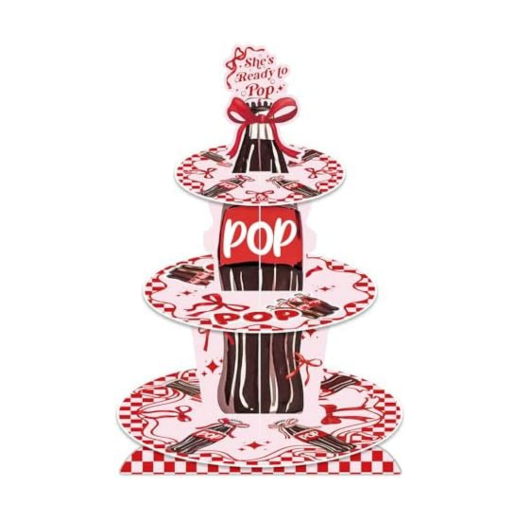 3 Tier Cupcake Stand for She's Ready to Pop Baby Shower Decorations - Red Soda Themed Cardboard Cupcake Tower, Reusable Dessert Display Cup Cake Tower Stand for Kids Birthday Party Supplies