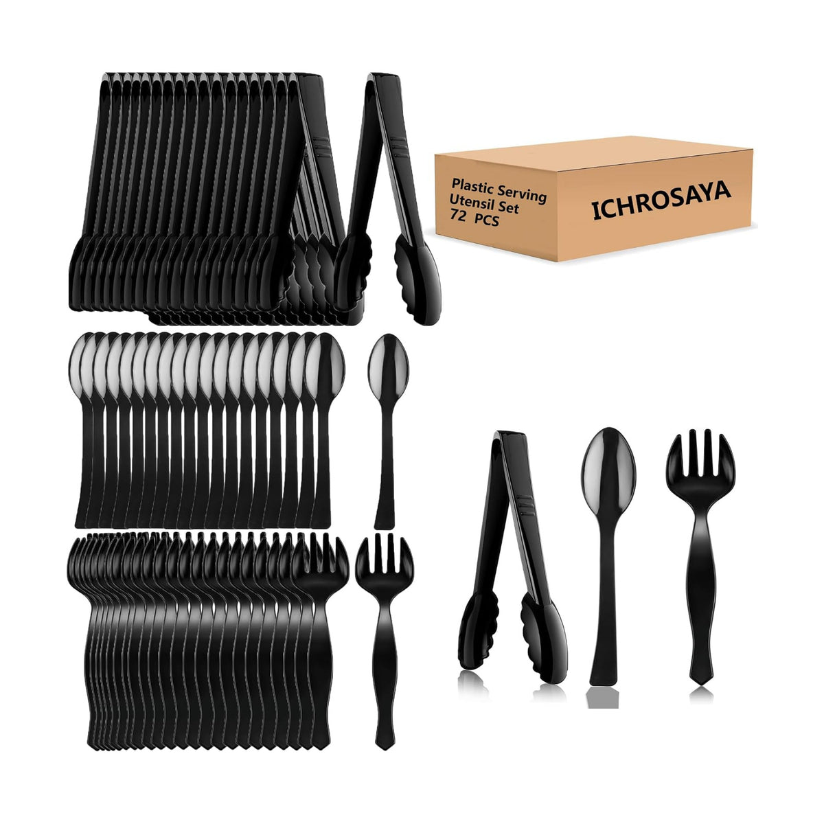 Black Plastic Serving Utensils Set, 72 Pieces, Disposable Spoons, Forks, and Tongs, 8.6 Inch, Heavy Duty, for Buffet, Party, Restaurant