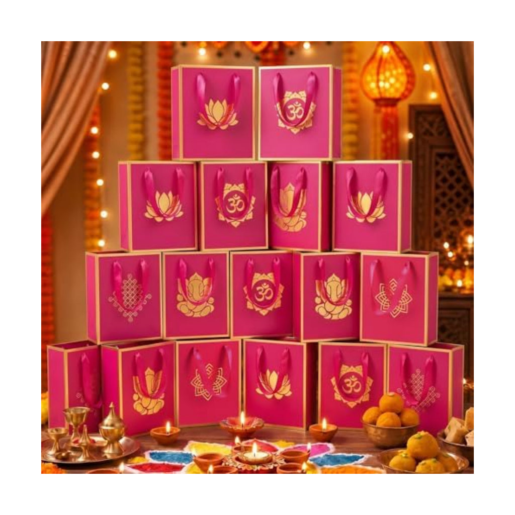 Sabary 15 Pcs Ganesh Pooja Indian Return Gift Paper Bag, Fuchsia