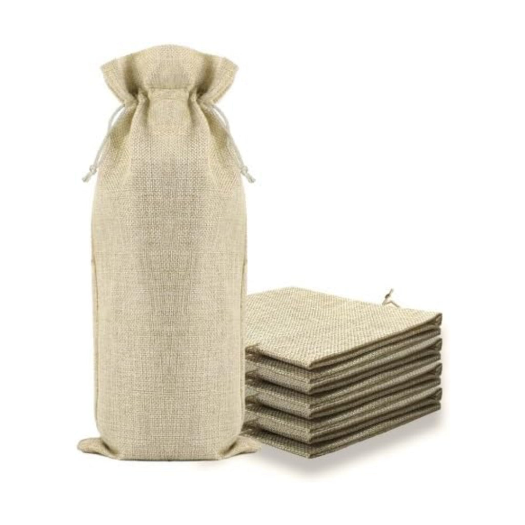 Oenothera 10 Pack Burlap Wine Gift Bags with Drawstring Fit 750ml, Natural
