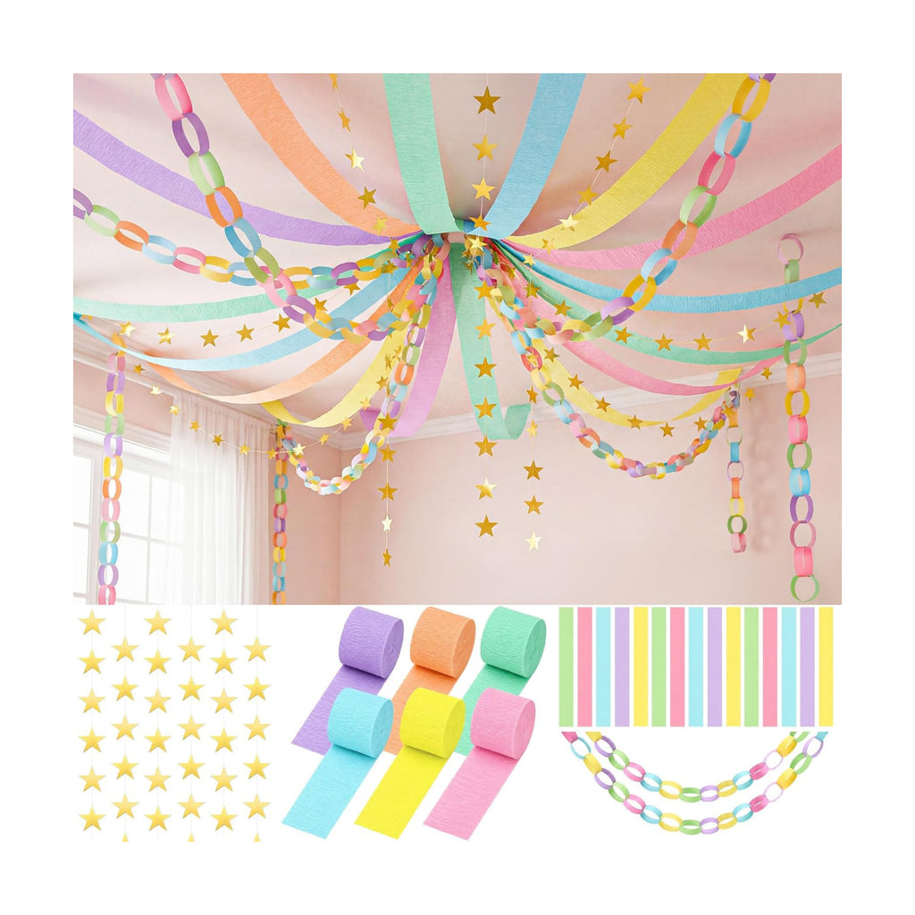 700 Sheet Macaron Paper Chain Strips and 52 ft Gold Star Garland Set