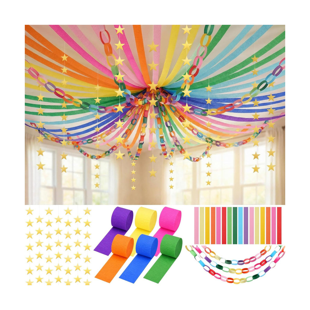 1000 Sheet Rainbow Paper Chain Strips and 65 ft Star Garland Set
