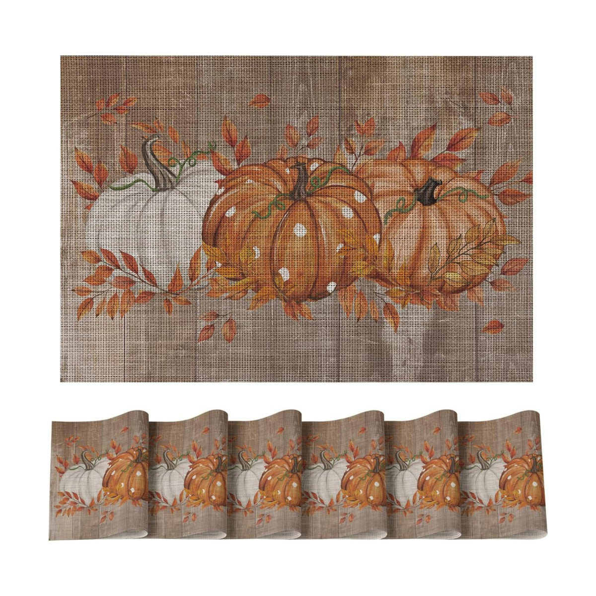 Artoid Mode Wood Pumpkin Leaves Fall Vinyl Placemats Set of 6, Wipeable Woven PVC Table Mats for Thanksgiving Farmhouse Party Kitchen Dining Decor