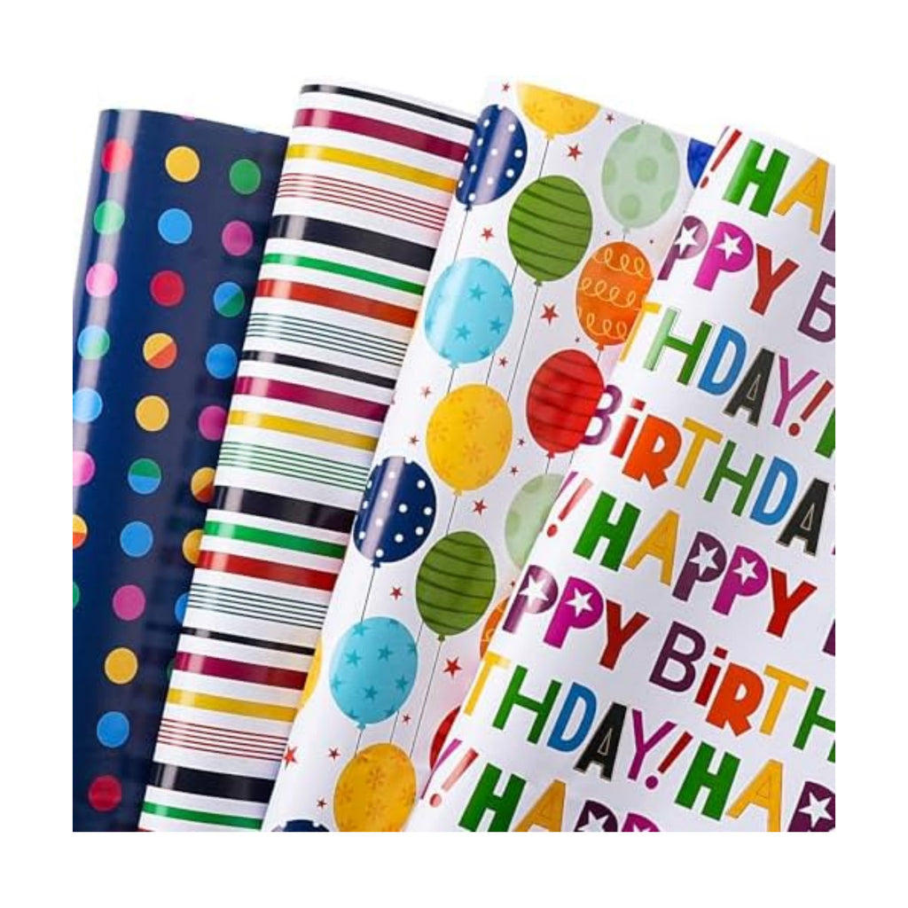 WRAPAHOLIC Birthday Wrapping Paper Sheet - 12 Sheets Folded Flat - Colorful Happy Birthday and Balloons 4 Design for Boys Girls Kids Birthday, Baby Shower - 19.7 inch x 27.5 inch Per Sheet