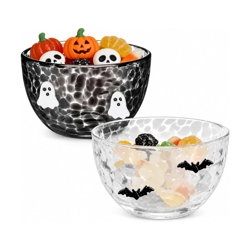 AnyDesign 2Pcs Halloween Icon Candy Bowls 14 Oz Black White Ghost Bat Serving Bowl Trick or Treat Glass Dishes Candy Servers Table Decor for Gifts Snacks Cookies Dessert Party Supplies