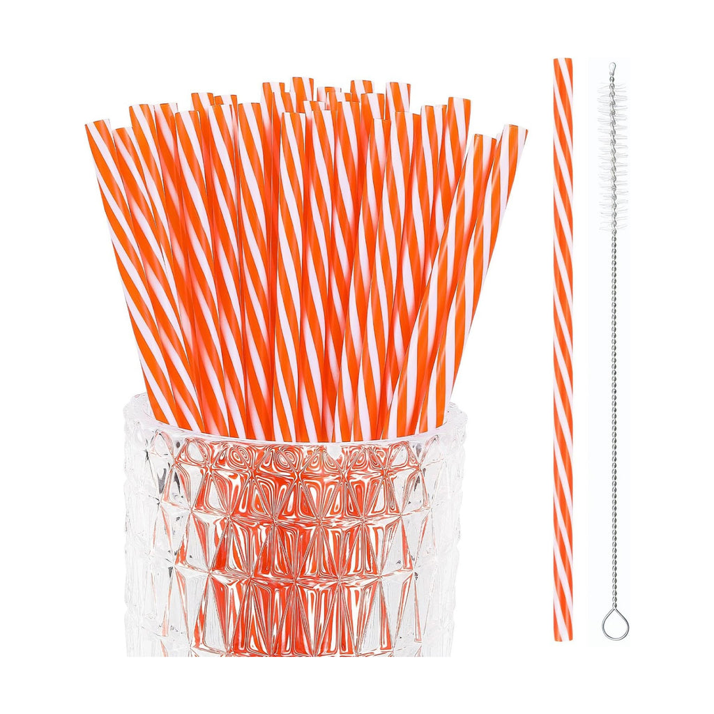 JANYUN 30 Pcs Reusable Orange and White Striped Straws with Cleaning Brush
