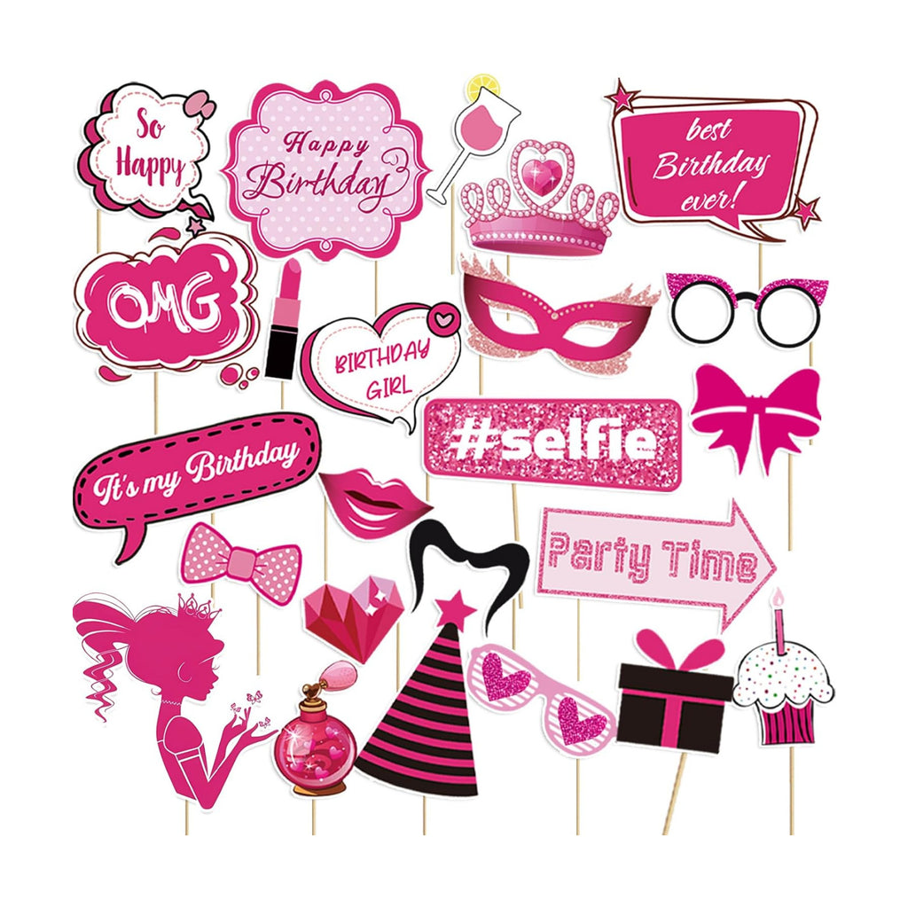 24 Pcs Pink Girls Birthday Photo Booth Props Kit - Hot Pink Princess Birthday Party Photo Booth Props Set, Sweet 16 18 21 30 40 50 or Any Other Bday Party Party Deco