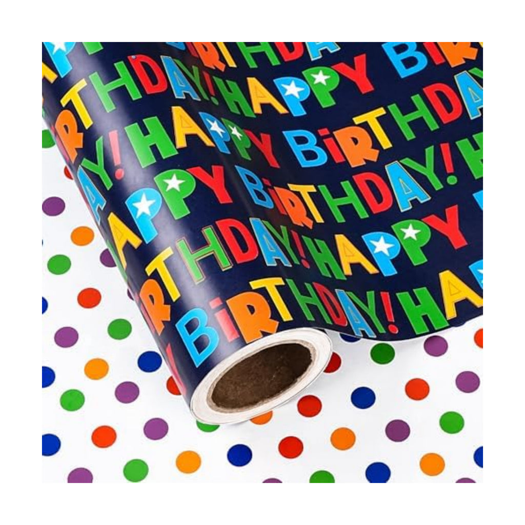 WRAPAHOLIC Reversible Birthday Wrapping Paper Roll - Mini Roll - 17 Inch x 10 Feet - Colorful Happy Birthday Wrapping Paper with Polka Dots Design for Boys Girls Kids, Baby Shower, Holiday, Party