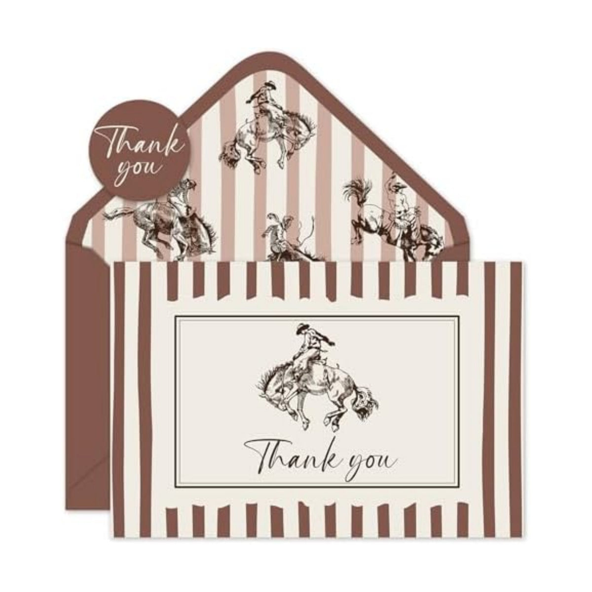 JarThenaAMCS 24Pcs Cowboy Thank You Cards with Envelopes Stickers Western Greeting Cards Beige Brown Striped Blank Note Card for Cowboy Birthday Country Party Supplies
