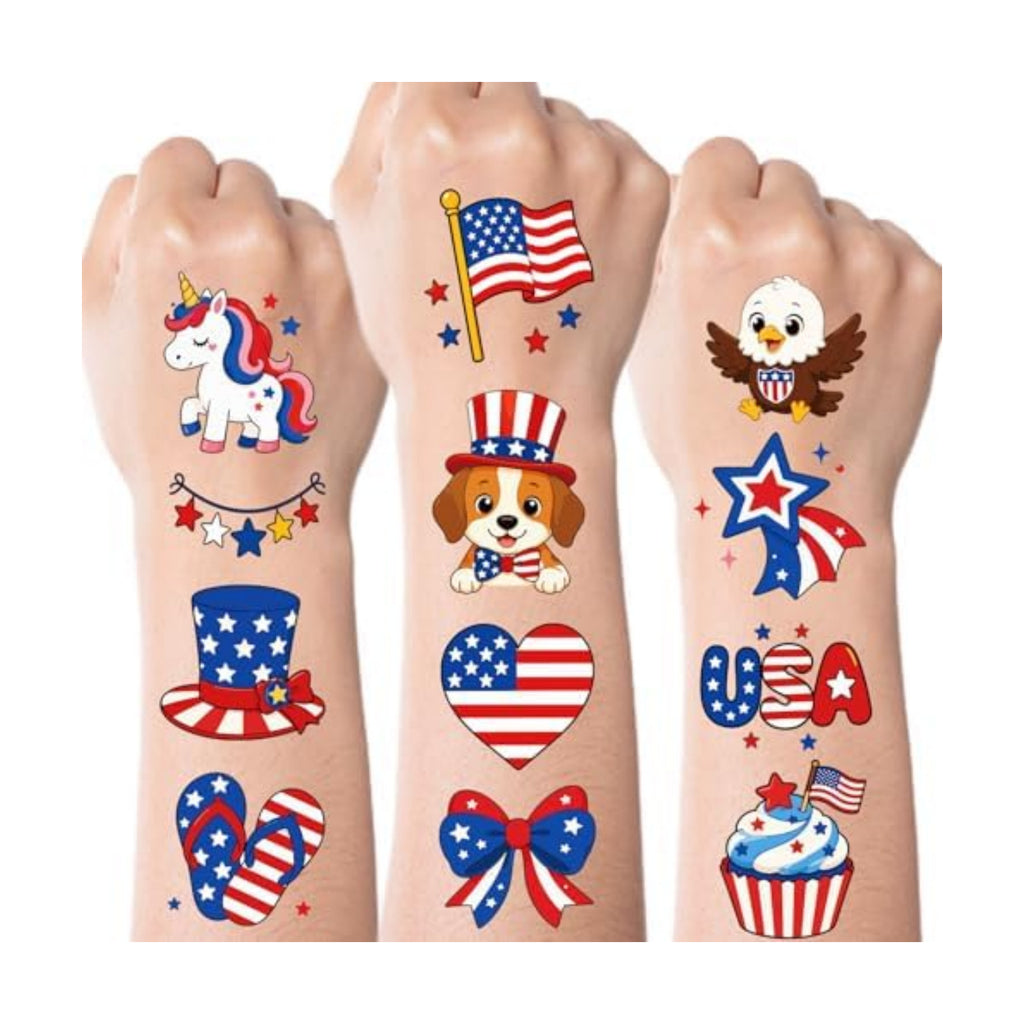 JCFIRE 4th of July Temporary Tattoos for Kids Adults, Cute Independence Day Fake Tattoos Stickers, Fourth of July Red White and Blue 4th of July Accessories for Women Girls Party Favors
