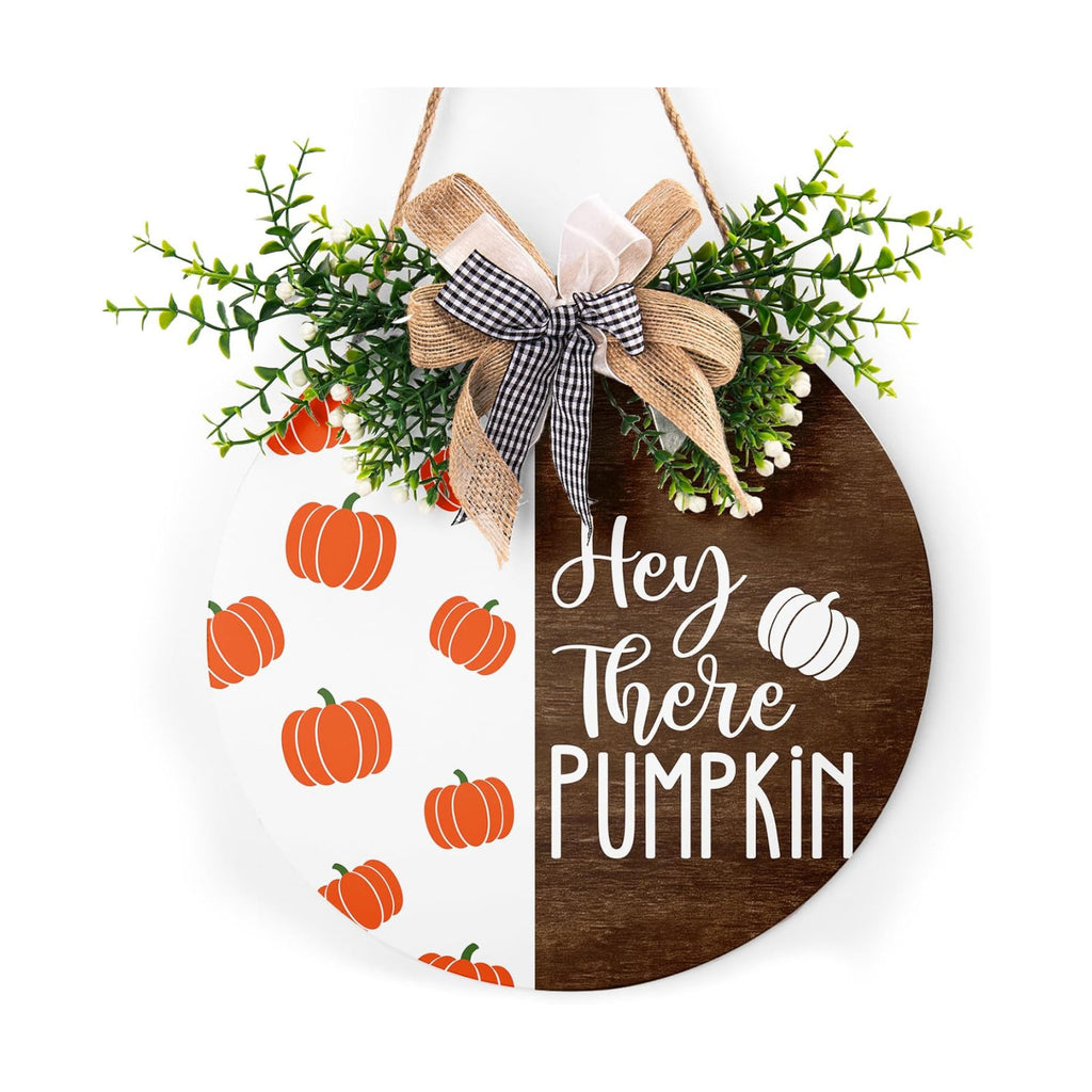 Hey There Pumpkin Front Door Sign 12"x12" Welcome Fall Door Hanger Autumn Thanksgiving Sign Farmhouse Fall Decorations Hanging Porch Sign Rustic Autumn Outdoor Plaques Wall Art Sign for Home