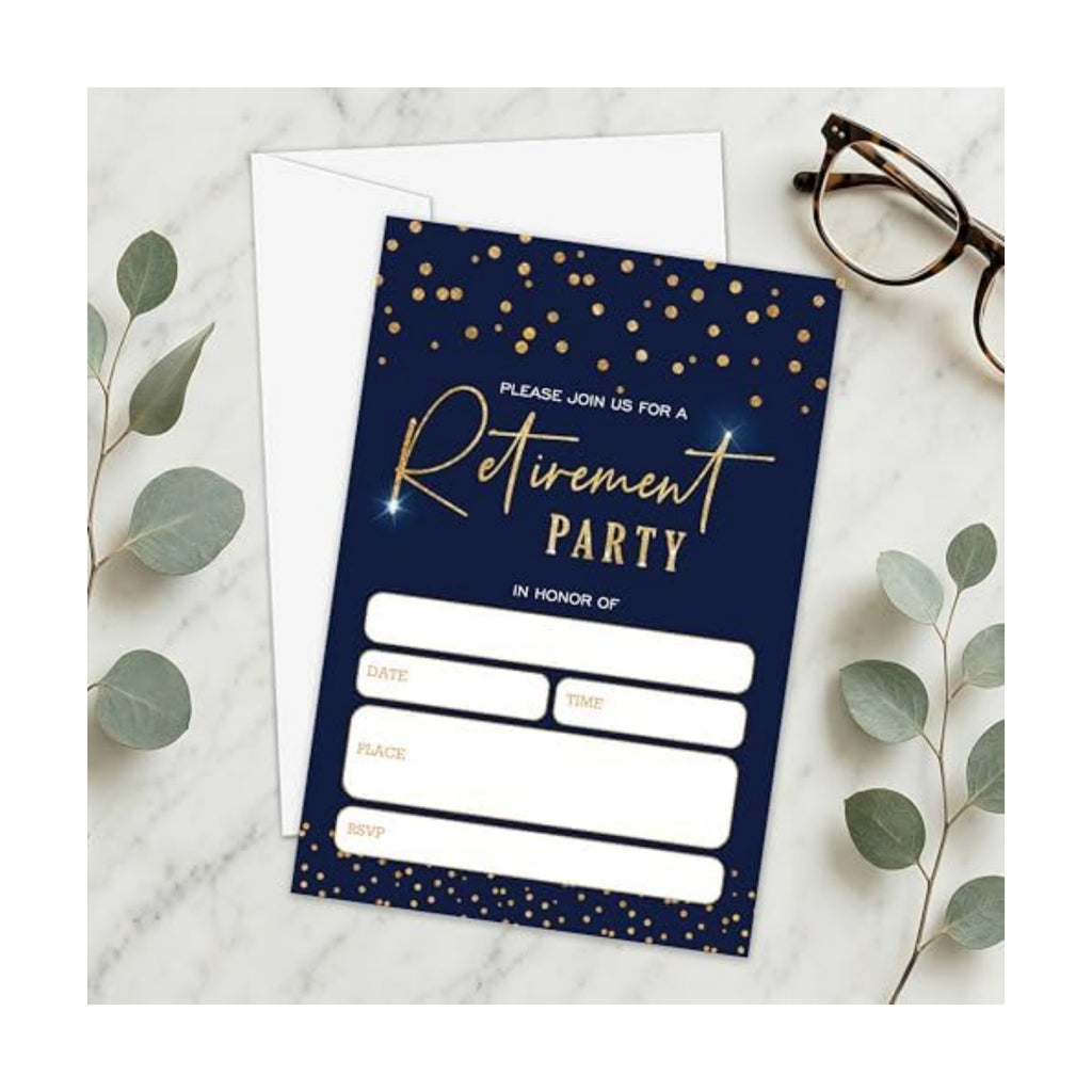 Navy Gold Sparkle Retirement Invitations 25 Pcs