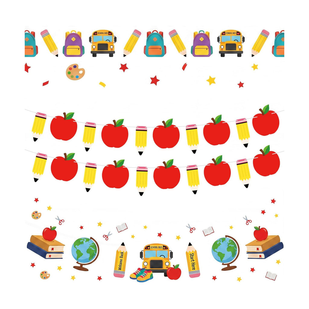 Back to School Decorations Banner - DIY Paper Pencil and Apples Banners, Red Yellow Welcome to School Sign Garland for First Day of Schools Classroom Themed Party Decor Supplies Favors Props