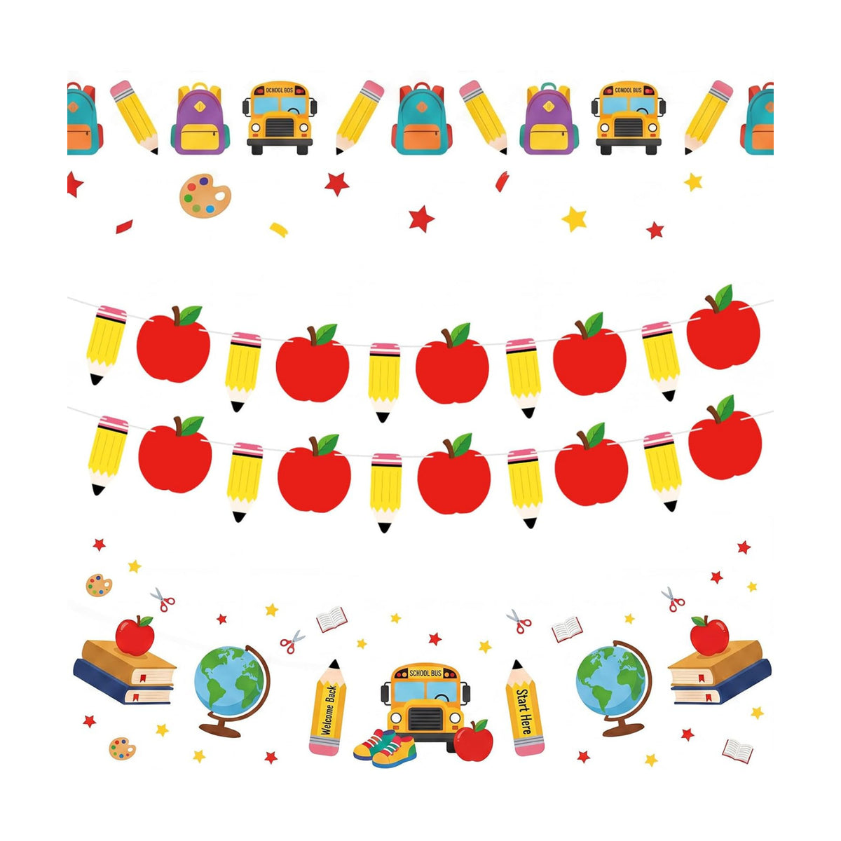 Back to School Decorations Banner - DIY Paper Pencil and Apples Banners, Red Yellow Welcome to School Sign Garland for First Day of Schools Classroom Themed Party Decor Supplies Favors Props