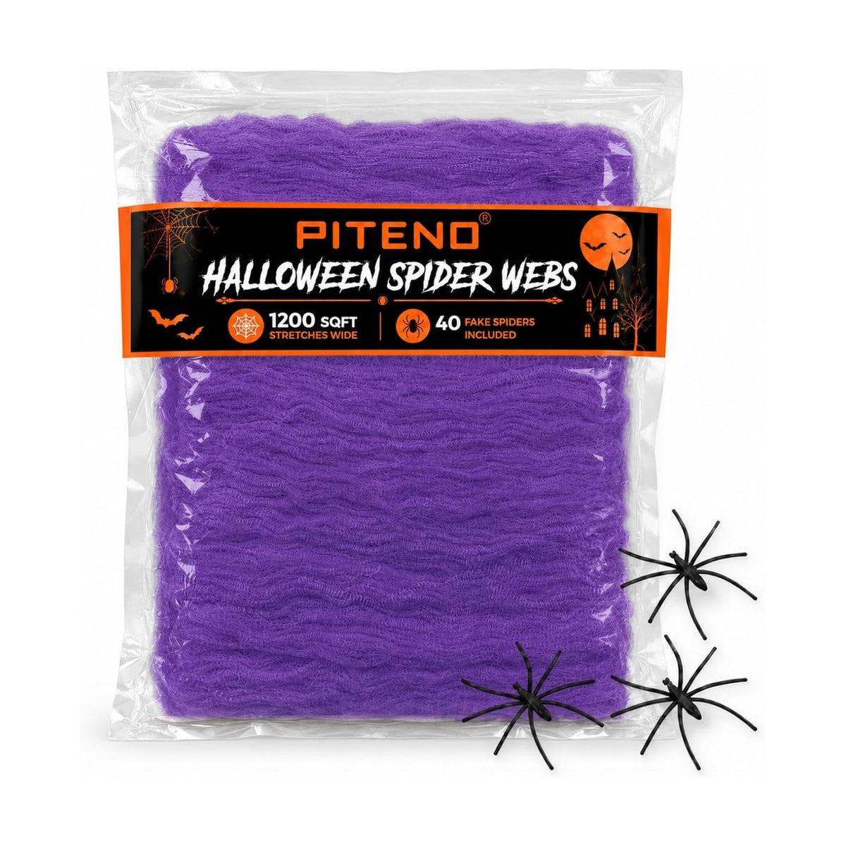 Piteno® 1200 sqft Spider Webs Halloween Decorations with 40 Fake Spiders, Stretchable Halloween Spider Webs for Indoor Outdoor Haunted House Yard Porch Party Decor (Purple)