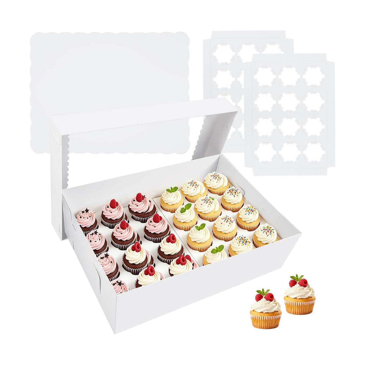 2 Pack White Cupcake Boxes with Cake Boards for 24 MINI Cupcakes, Food Grade Dessert Muffins Box Cupcake Carrier Containers with Window and Inserts for Birthday Holiday Party Bakery Supplies