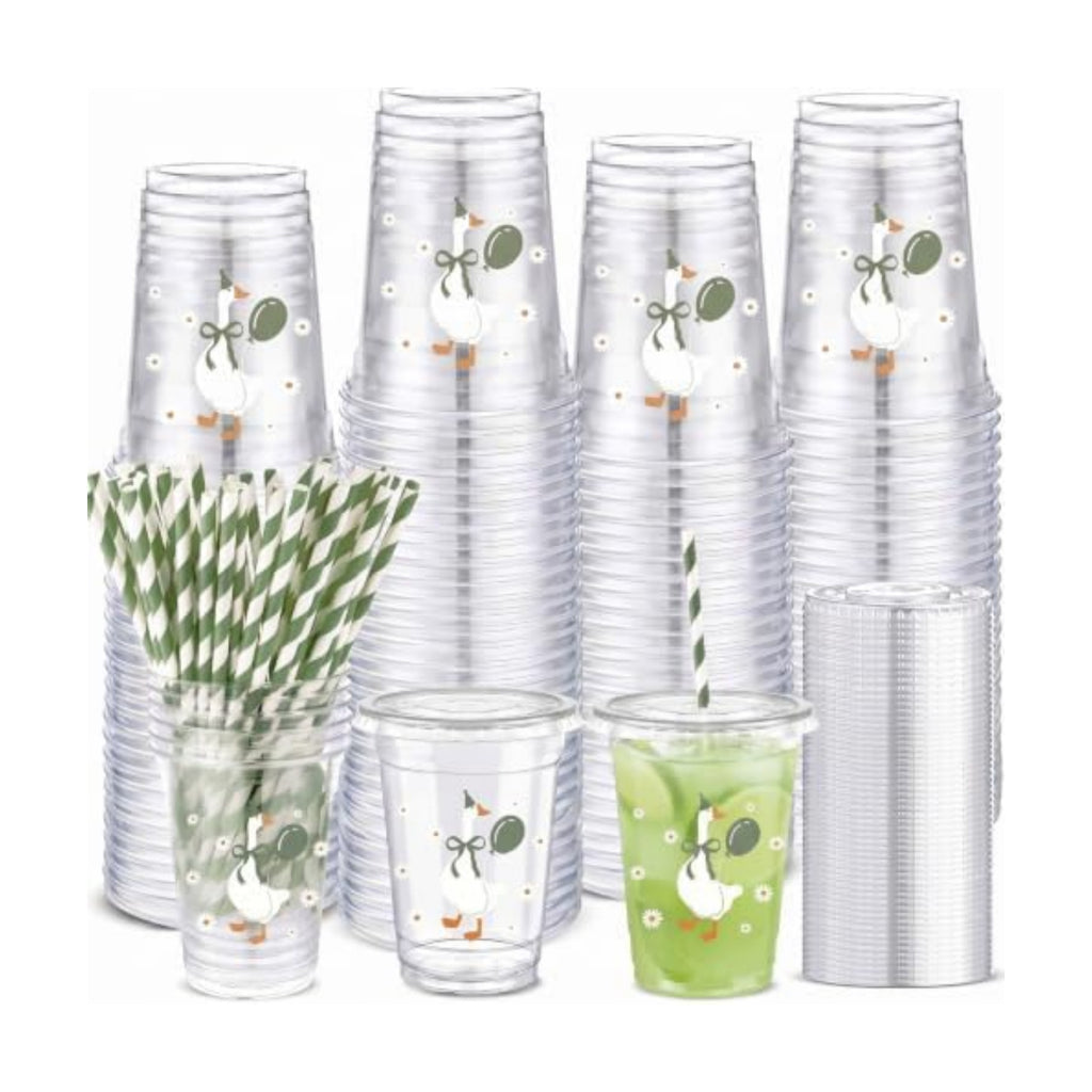 Jingmore 50 Set Silly Goose Sage Green 12 oz Plastic Cup with Lid and Straw