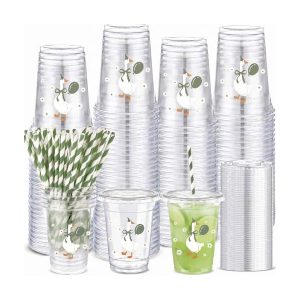 Jingmore 50 Set Silly Goose Sage Green 12 oz Plastic Cup with Lid and Straw