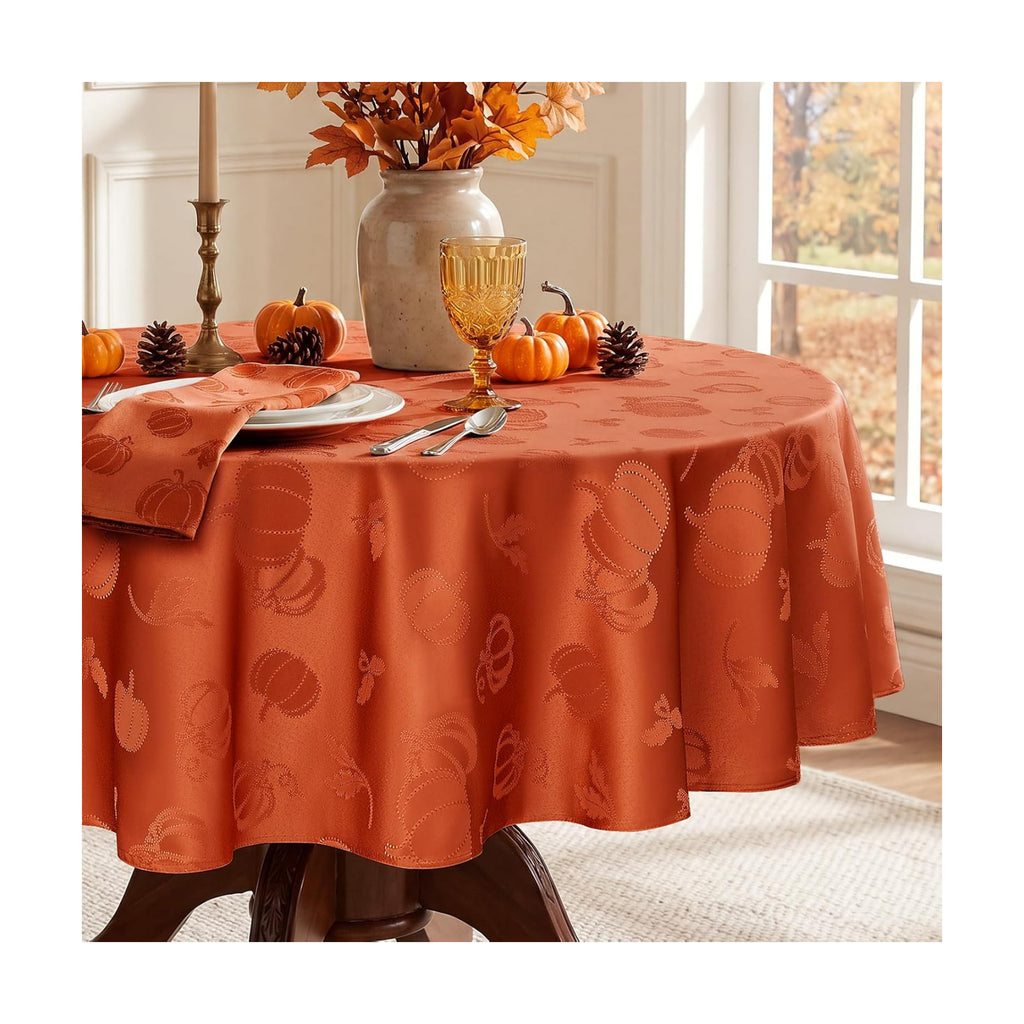 Romanstile Jacquard Fall Round Tablecloth with Pumpkin, Orange, 70 Inch