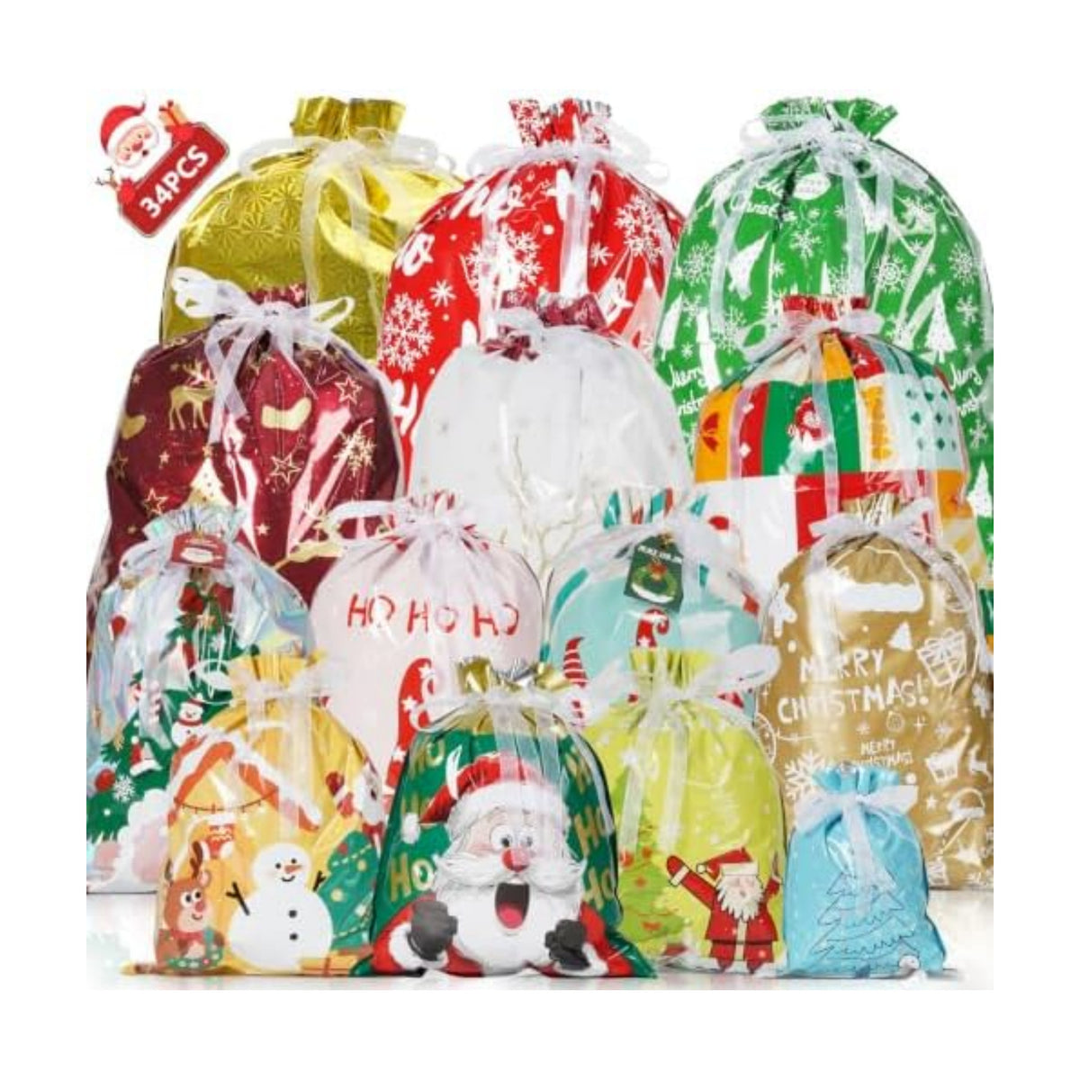 Koncci 34Pcs Christmas Gift Bags, Assorted Sizes Extra Large Medium Small
