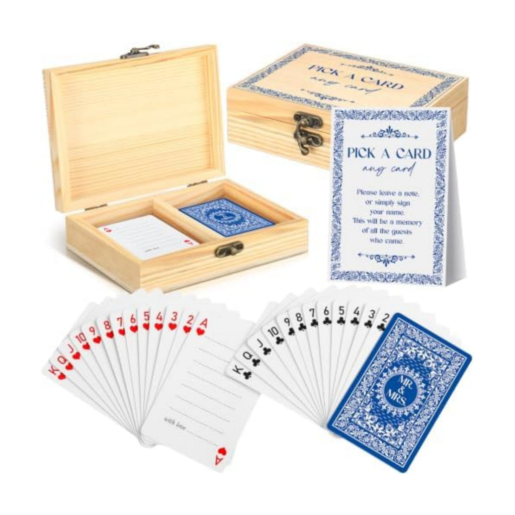 AceOrbit 57 Pack Blue Wedding Guest Book Playing Cards Set with Wooden Box